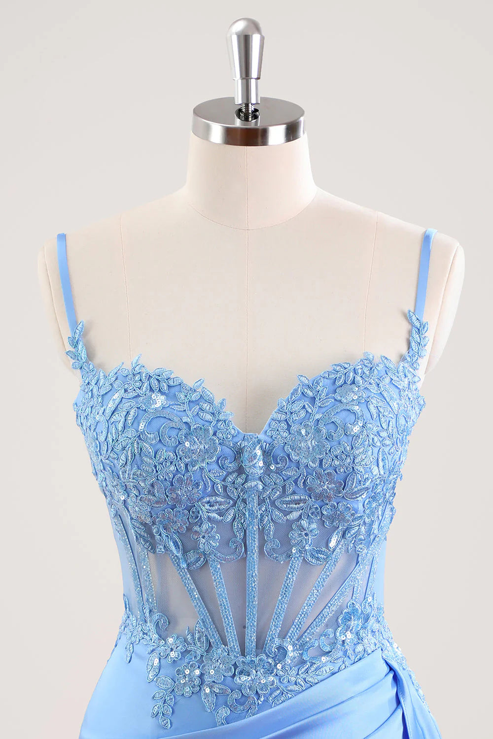 Spaghetti Straps Light Blue Bodycon Homecoming Dress with Sequin Lace Appliqué, Sheer Corset Bodice and Draped Satin Skirt