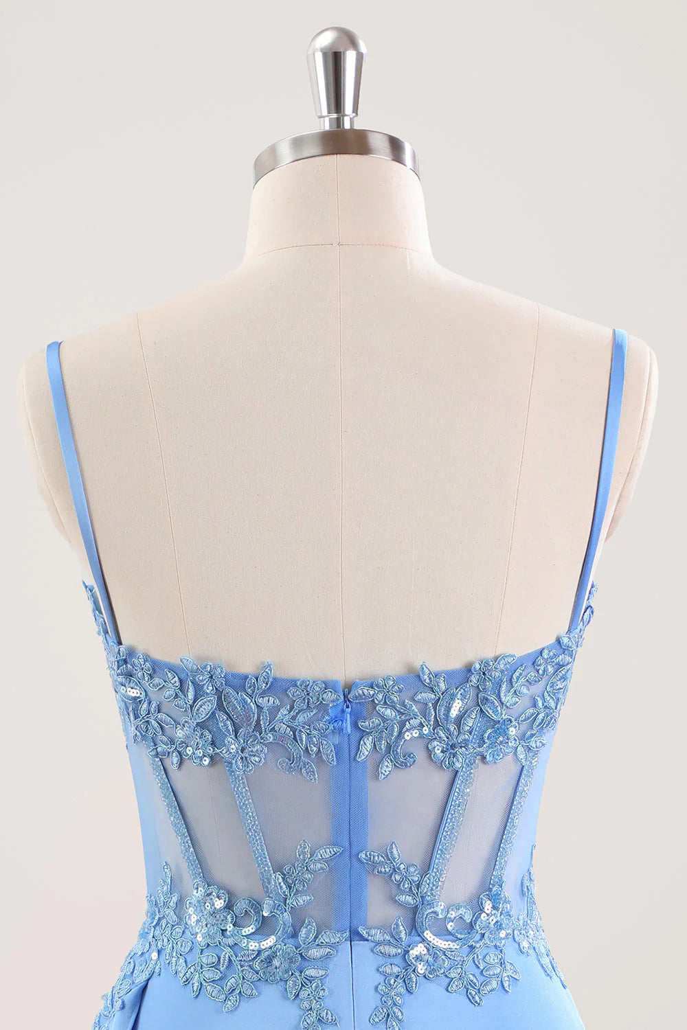 Spaghetti Straps Light Blue Bodycon Homecoming Dress with Sequin Lace Appliqué, Sheer Corset Bodice and Draped Satin Skirt
