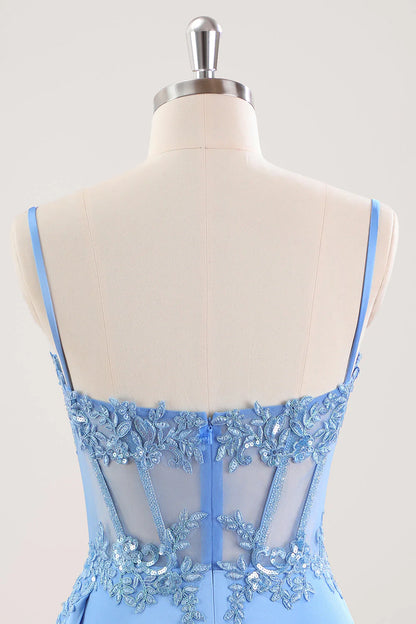 Spaghetti Straps Light Blue Bodycon Homecoming Dress with Sequin Lace Appliqué, Sheer Corset Bodice and Draped Satin Skirt