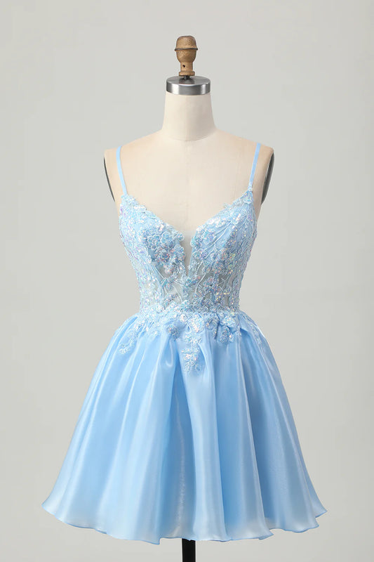 Spaghetti Straps Light Blue Homecoming Dress with Sequin Floral Lace Appliqué, Sheer Corset Bodice and Lace-Up Back