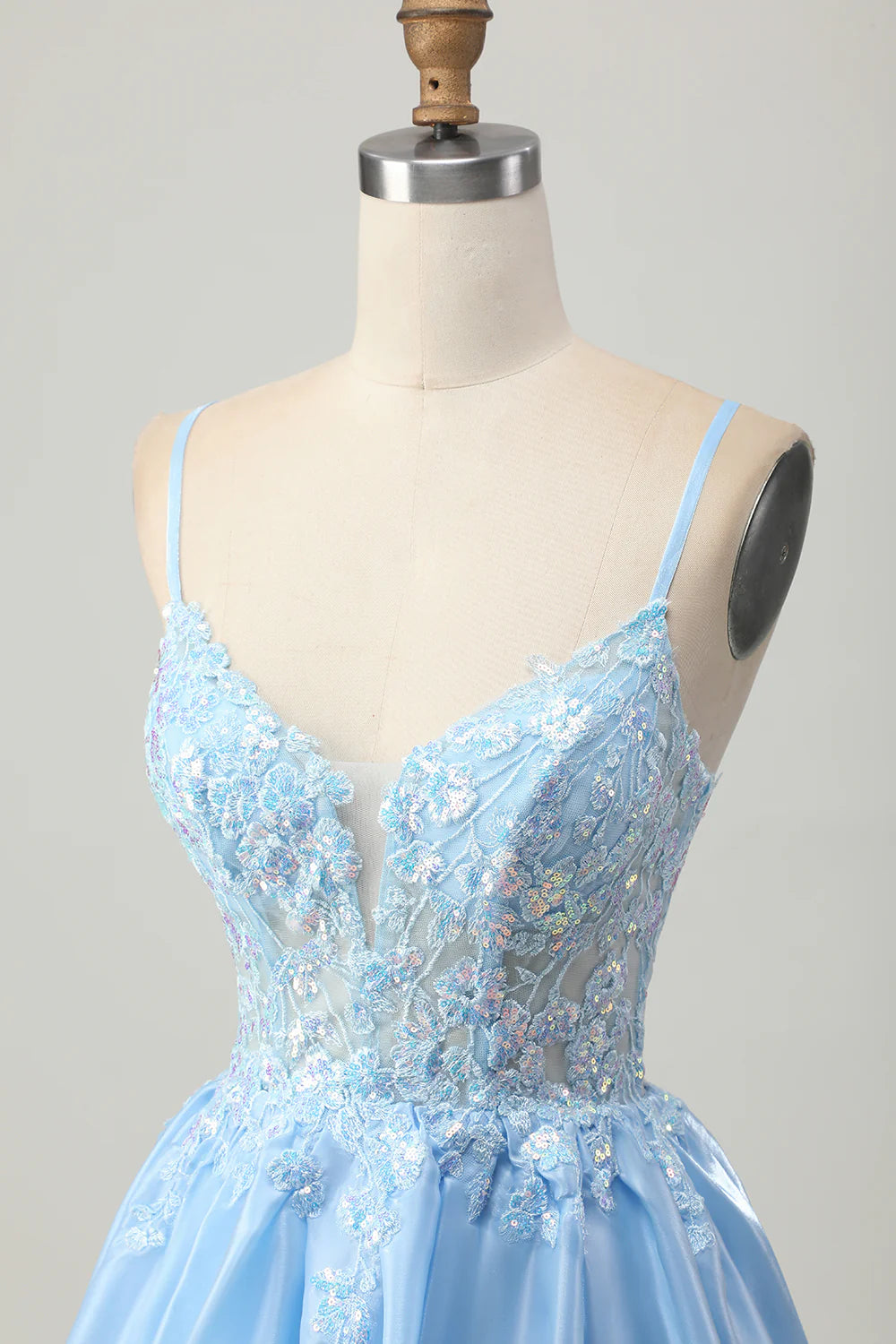 Spaghetti Straps Light Blue Homecoming Dress with Sequin Floral Lace Appliqué, Sheer Corset Bodice and Lace-Up Back