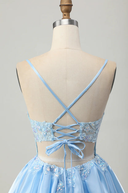 Spaghetti Straps Light Blue Homecoming Dress with Sequin Floral Lace Appliqué, Sheer Corset Bodice and Lace-Up Back