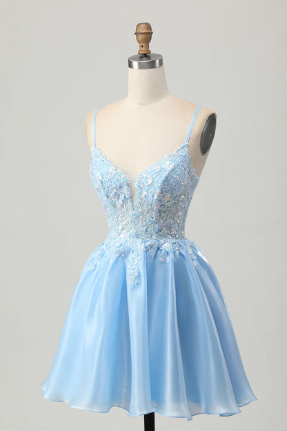 Spaghetti Straps Light Blue Homecoming Dress with Sequin Floral Lace Appliqué, Sheer Corset Bodice and Lace-Up Back