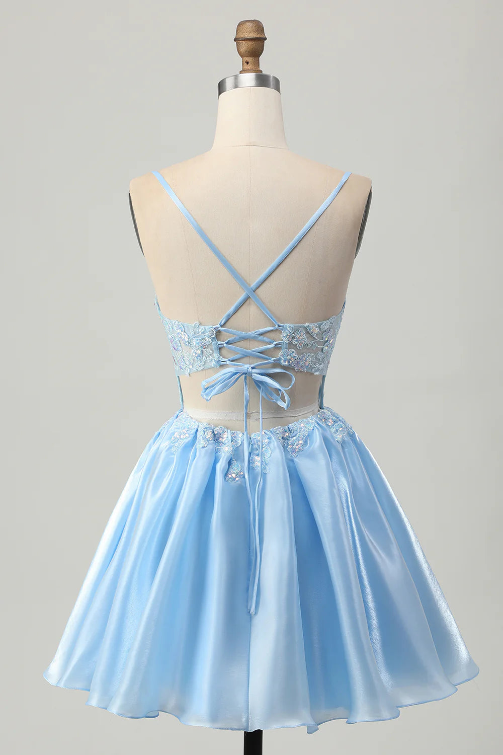 Spaghetti Straps Light Blue Homecoming Dress with Sequin Floral Lace Appliqué, Sheer Corset Bodice and Lace-Up Back