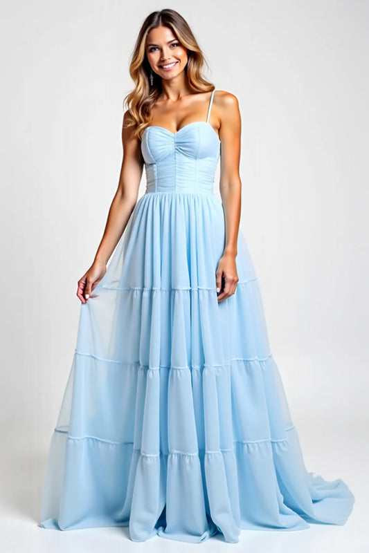 Spaghetti Straps Light Blue Tiered Chiffon Prom Dress with Sweetheart Neck, Ruched Bodice and Flowy Skirt