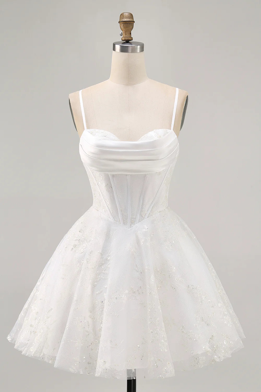 Spaghetti Straps White Corset Homecoming Dress with Cowl Neck, Glitter Tulle Skirt and Lace-Up Back