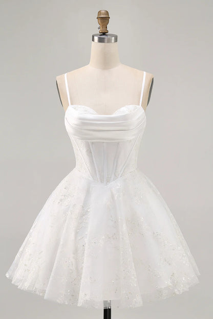 Spaghetti Straps White Corset Homecoming Dress with Cowl Neck, Glitter Tulle Skirt and Lace-Up Back