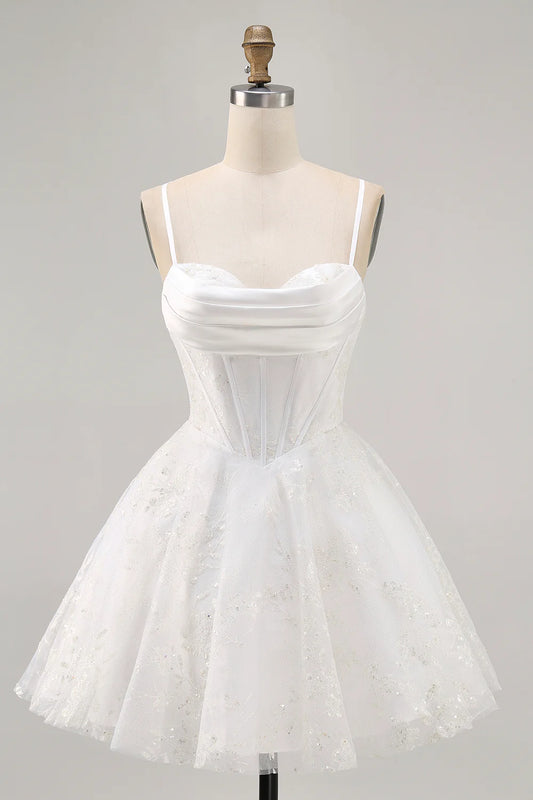 Spaghetti Straps White Corset Homecoming Dress with Cowl Neck, Glitter Tulle Skirt and Lace-Up Back