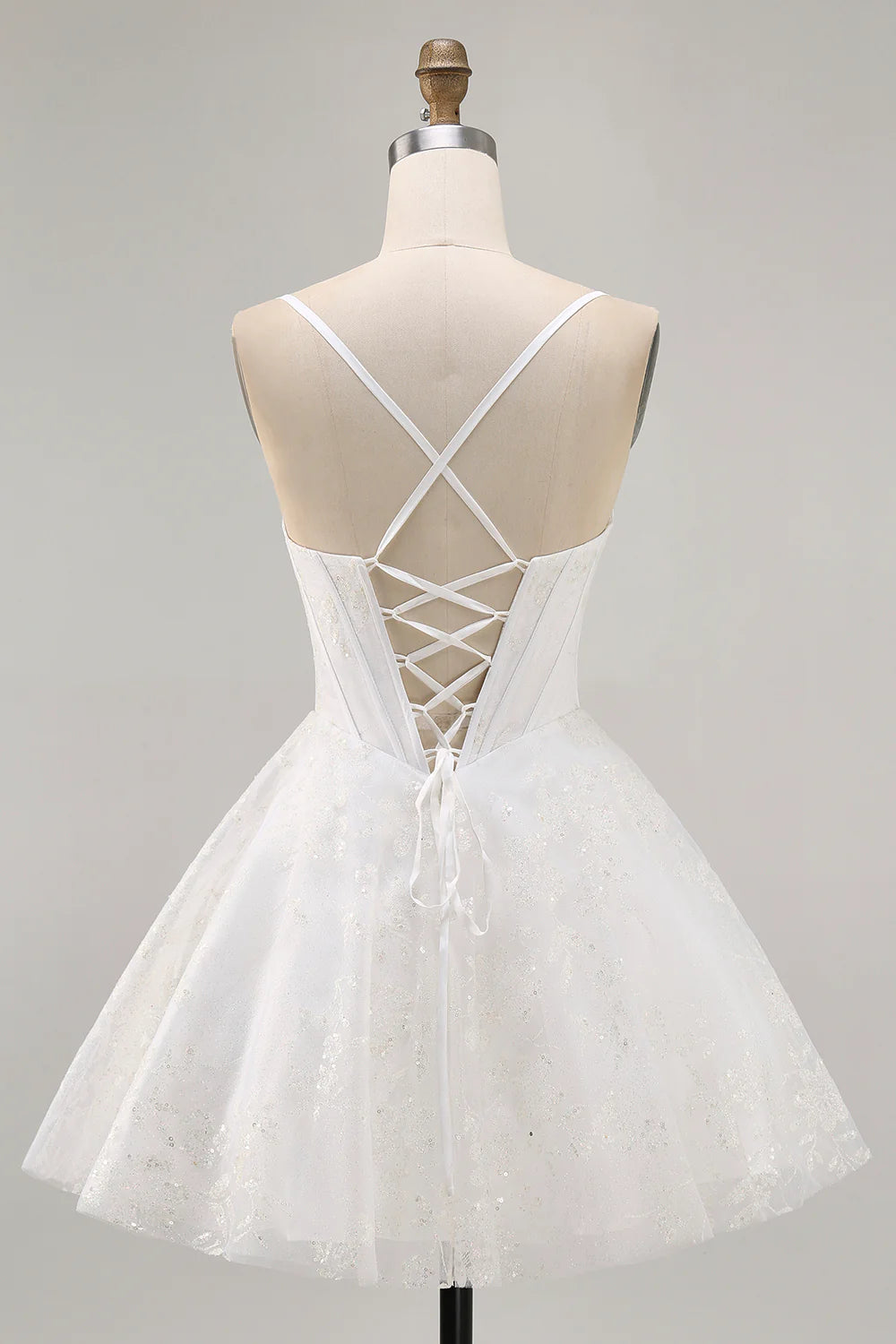 Spaghetti Straps White Corset Homecoming Dress with Cowl Neck, Glitter Tulle Skirt and Lace-Up Back