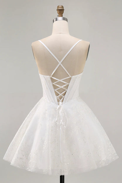 Spaghetti Straps White Corset Homecoming Dress with Cowl Neck, Glitter Tulle Skirt and Lace-Up Back