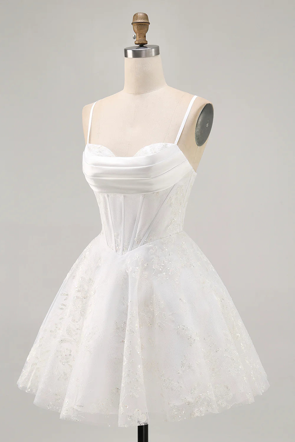 Spaghetti Straps White Corset Homecoming Dress with Cowl Neck, Glitter Tulle Skirt and Lace-Up Back
