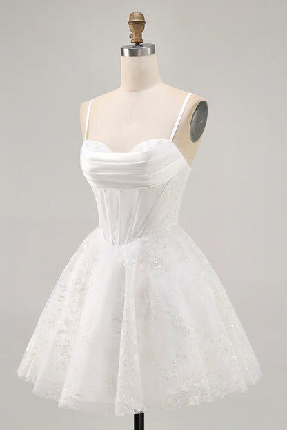 Spaghetti Straps White Corset Homecoming Dress with Cowl Neck, Glitter Tulle Skirt and Lace-Up Back