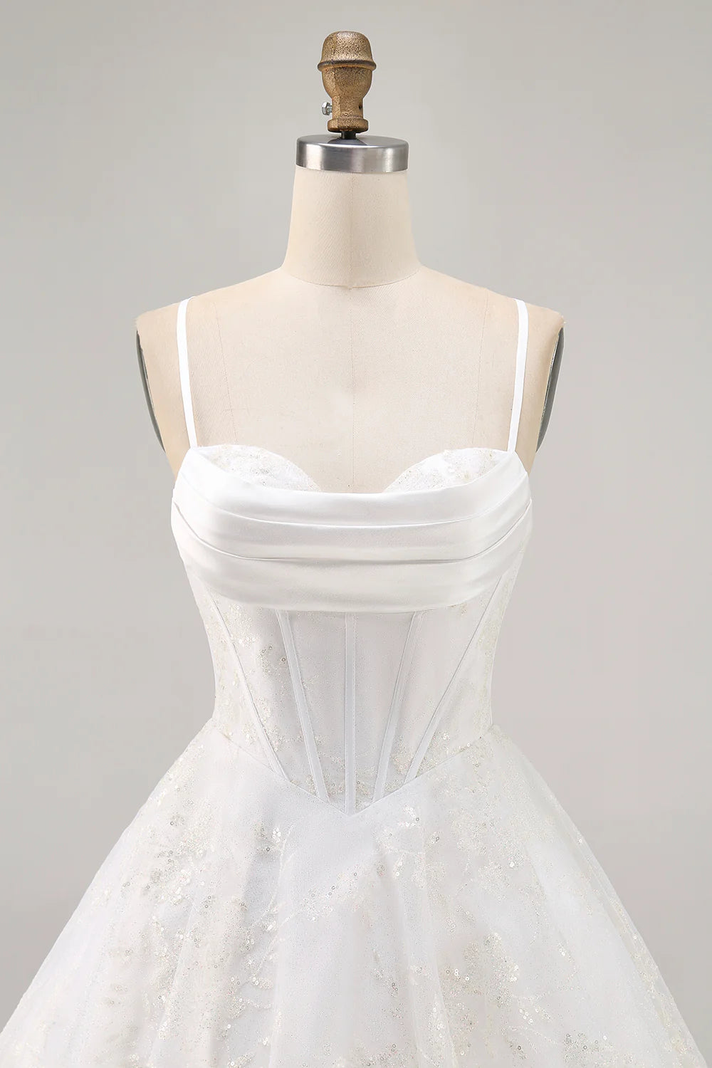 Spaghetti Straps White Corset Homecoming Dress with Cowl Neck, Glitter Tulle Skirt and Lace-Up Back