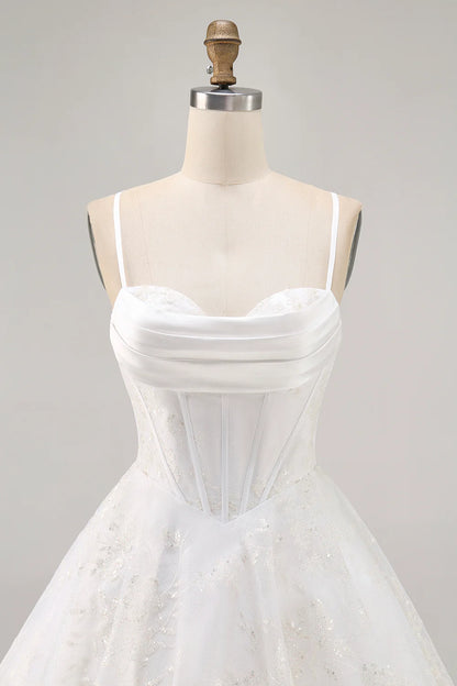Spaghetti Straps White Corset Homecoming Dress with Cowl Neck, Glitter Tulle Skirt and Lace-Up Back