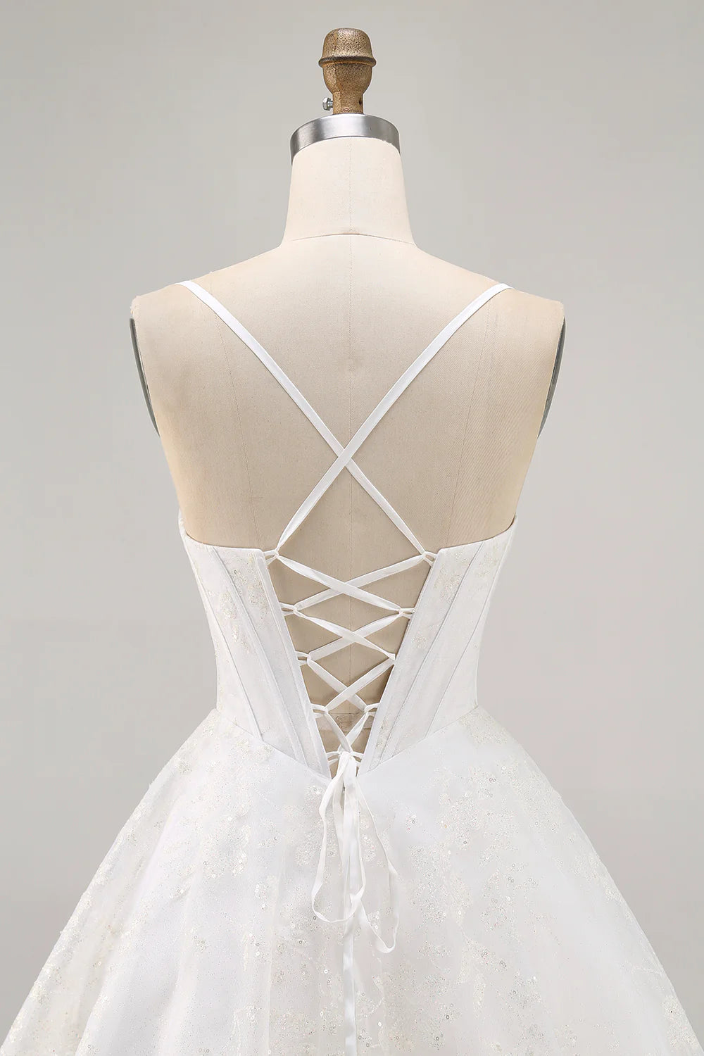 Spaghetti Straps White Corset Homecoming Dress with Cowl Neck, Glitter Tulle Skirt and Lace-Up Back