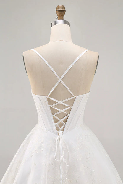 Spaghetti Straps White Corset Homecoming Dress with Cowl Neck, Glitter Tulle Skirt and Lace-Up Back