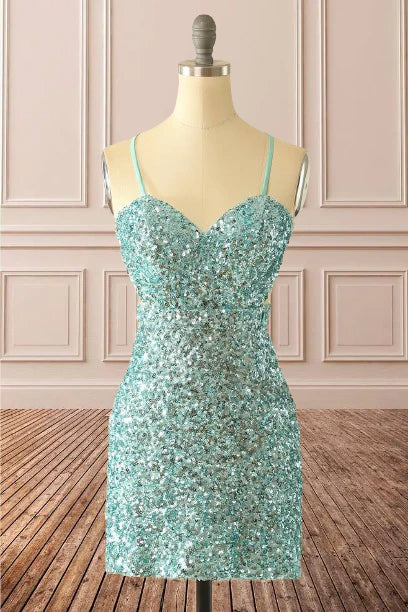 Vestido de fiesta azul con tirantes finos, cuello en V y ajustado, brillante 