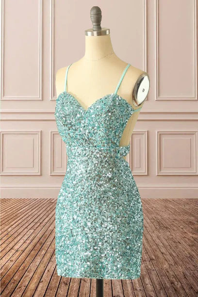 Vestido de fiesta azul con tirantes finos, cuello en V y ajustado, brillante 