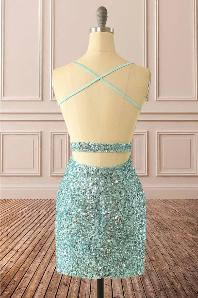 Vestido de fiesta azul con tirantes finos, cuello en V y ajustado, brillante 
