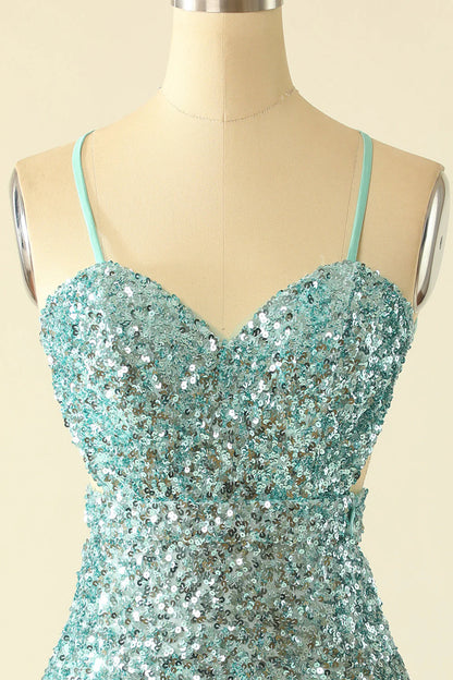 Vestido de fiesta azul con tirantes finos, cuello en V y ajustado, brillante 