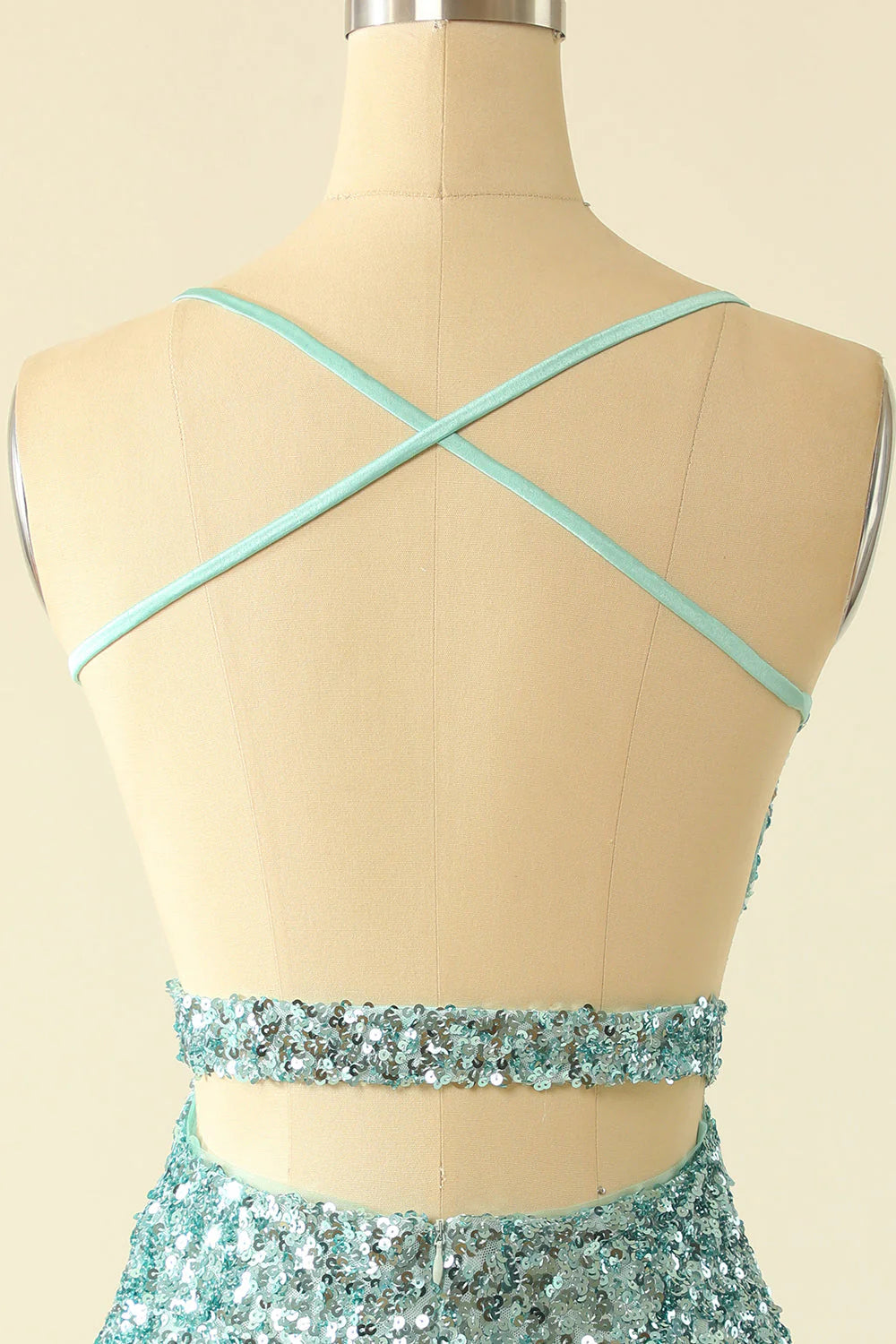 Vestido de fiesta azul con tirantes finos, cuello en V y ajustado, brillante 