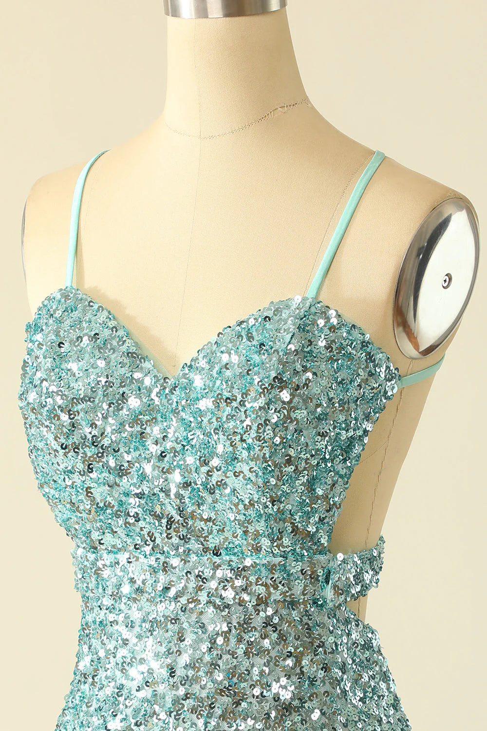 Vestido de fiesta azul con tirantes finos, cuello en V y ajustado, brillante 