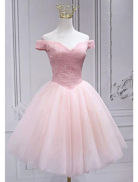 Pink A-line off-shoulder knee-length dress with sequins and tulle, suitable for homecoming or cocktail parties.