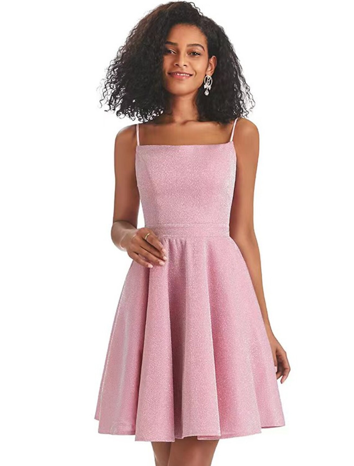 Pink A-line mini dress with sequins and spaghetti straps.