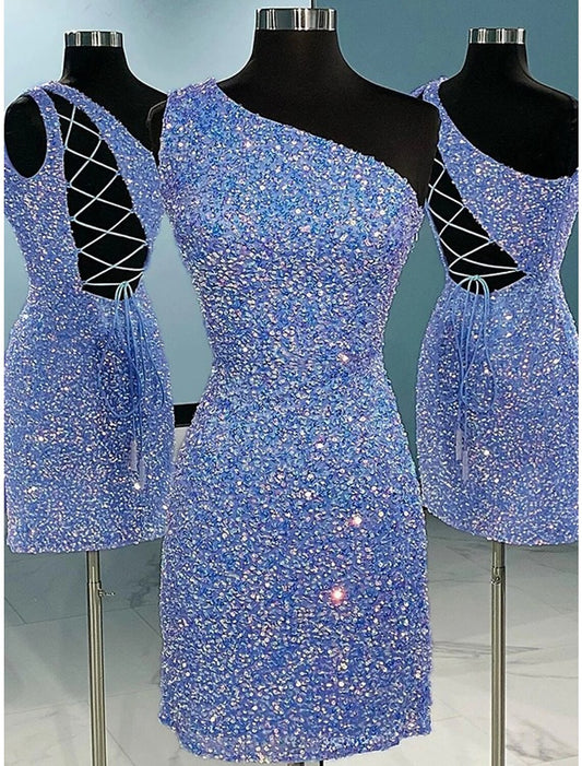 Sparkling A-line one-shoulder sequined mini dress with glitter details.