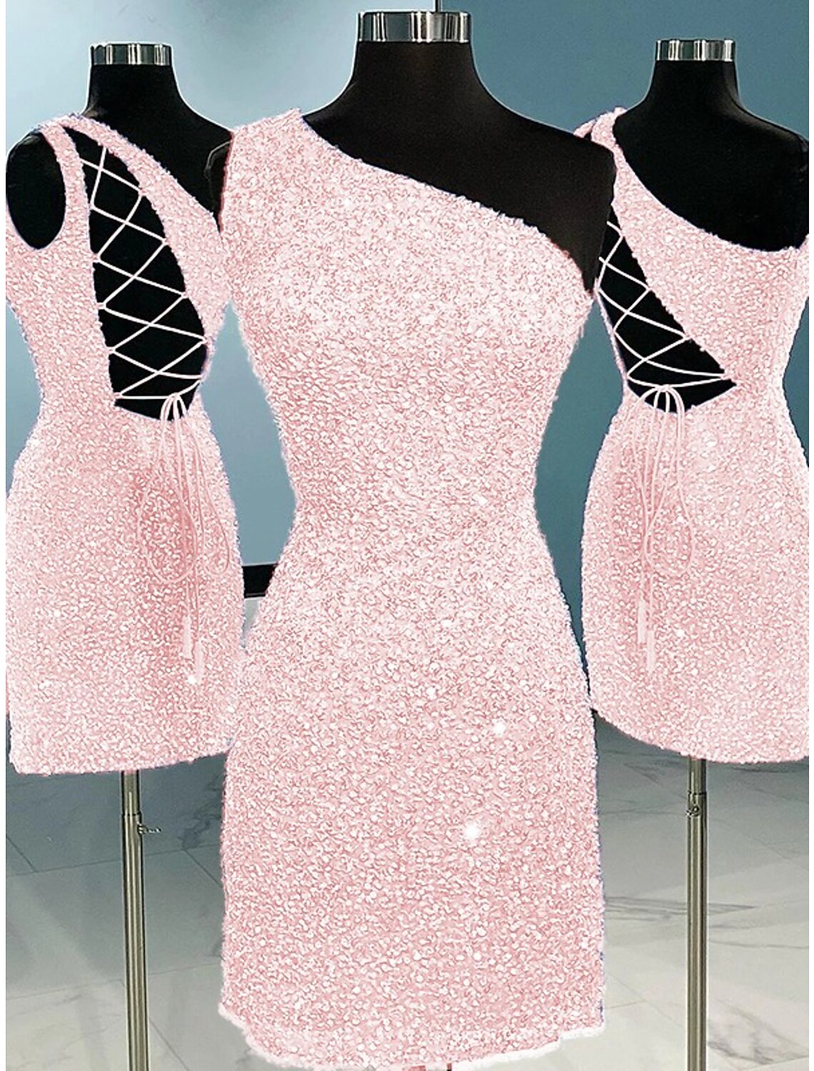 Model wearing the glittery A-line homecoming dress.
