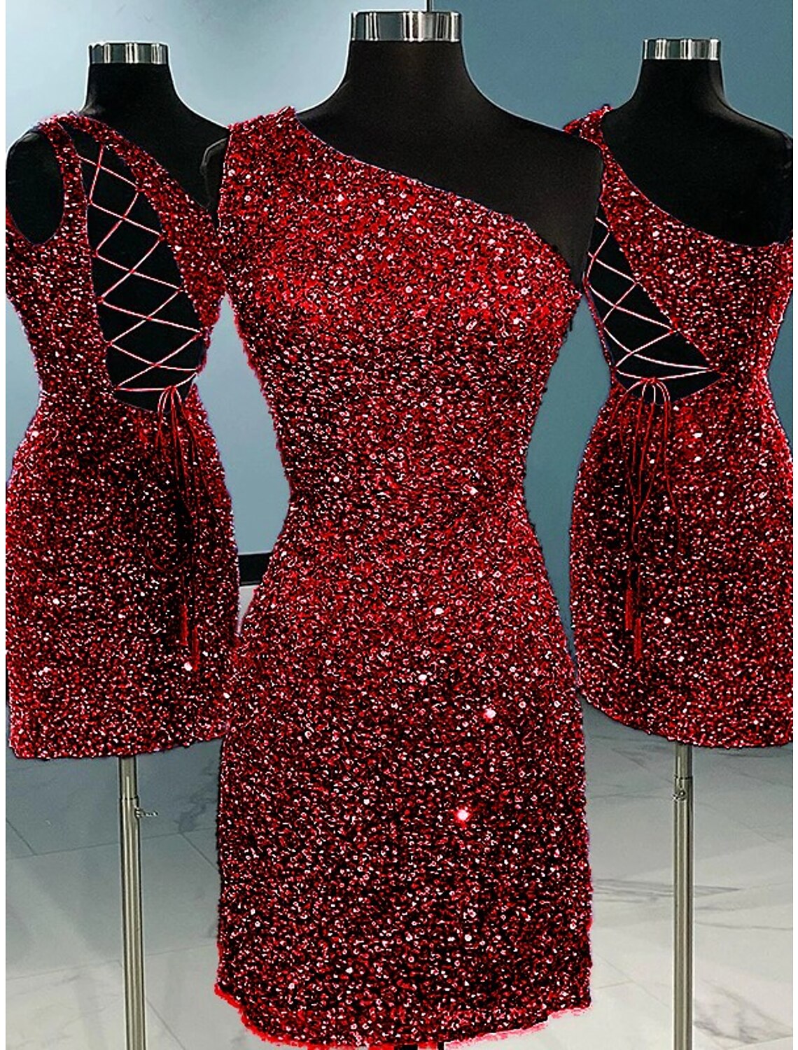 Side view of the short sequined party dress.