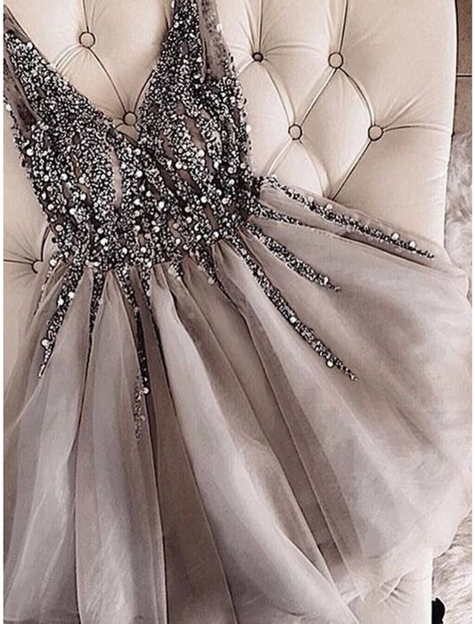 Sparkling A-line V-neck short tulle homecoming dress.