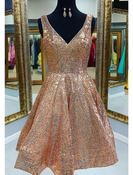 Pink A-line sequin tea-length dress with V-neck, sleeveless for homecoming.