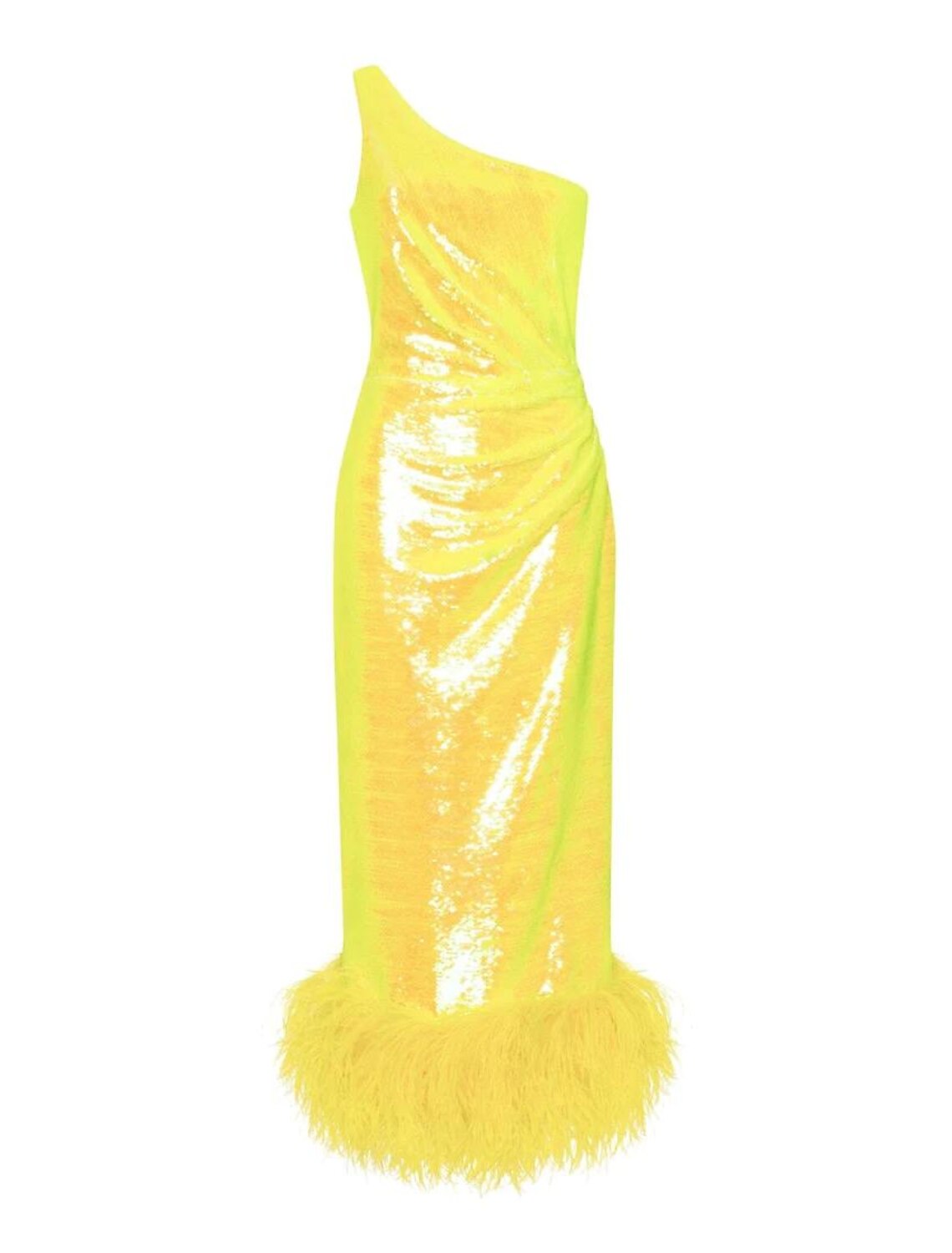 Front view of a woman wearing a sparkling one-shoulder tea-length sequined homecoming dress with feather detail and a slit.