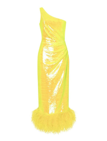 Front view of a woman wearing a sparkling one-shoulder tea-length sequined homecoming dress with feather detail and a slit.