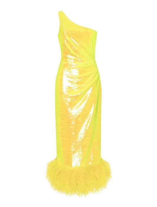 Front view of a woman wearing a sparkling one-shoulder tea-length sequined homecoming dress with feather detail and a slit.
