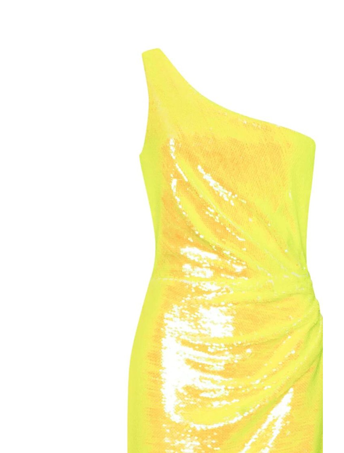 Side view of a woman in a shimmering one-shoulder tea-length sequined dress, showcasing the slit and feather embellishment.