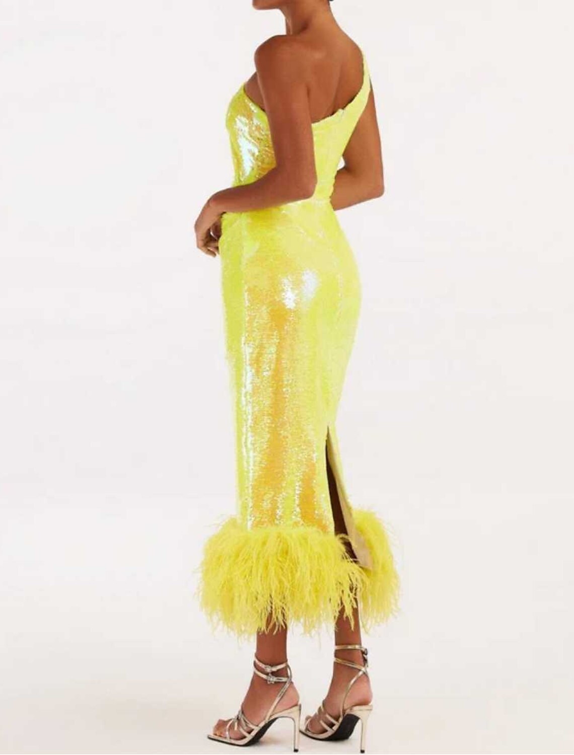 Back view of a woman wearing an elegant one-shoulder sequined homecoming dress, highlighting the sheath silhouette.