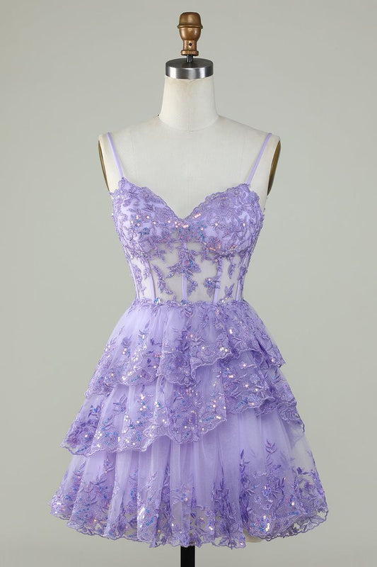 Sparkling Lace-Embroidered Sweetheart Spaghetti-Strap Tiered Mini Prom Dress