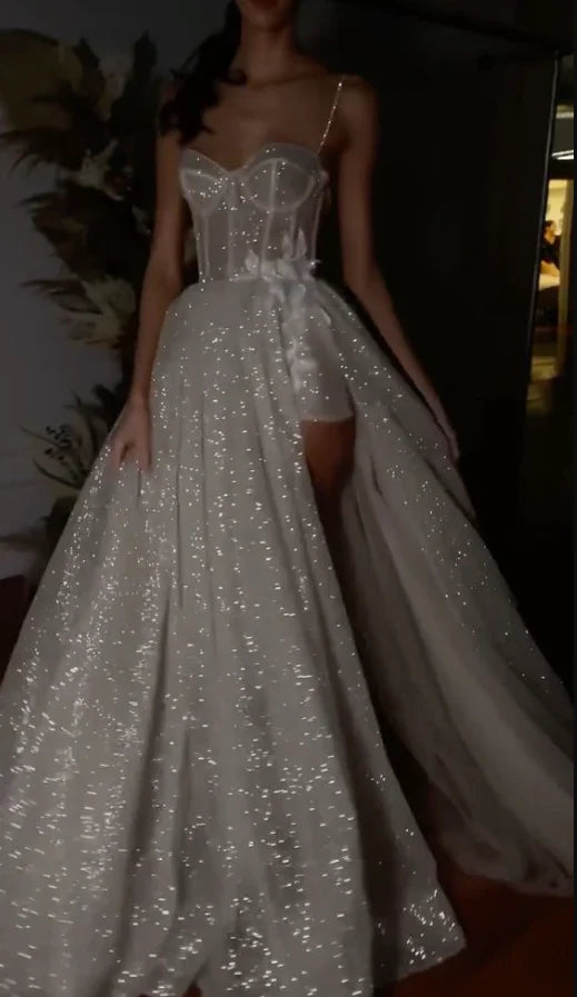 Sparkling Sheer Sweetheart Spaghetti-Strap Open-Back High-Slit Prom Dress