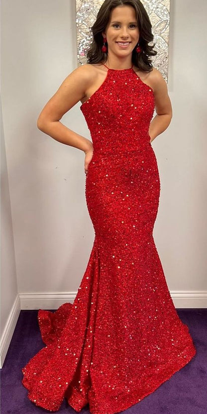Vestidos de fiesta largos rojos con lentejuelas y cuello halter, espalda abierta y sirena brillante 