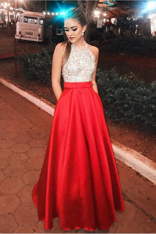 Vestidos de fiesta largos rojos con cuello halter, espalda abierta y brillantes, con cuentas y bolsillos 