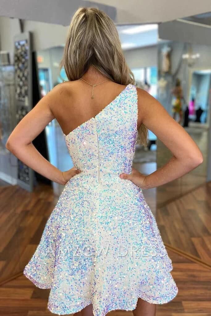 Amzcw Sparkly Cute A Line One Shoulder White Sequins Short Homecoming Dresses formal wear dresses