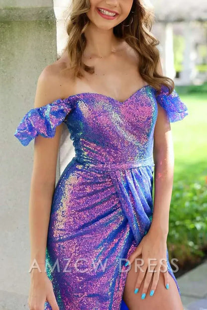 Vestido de fiesta largo estilo sirena con pliegues, lentejuelas y hombros descubiertos, brillante, de Amzcw