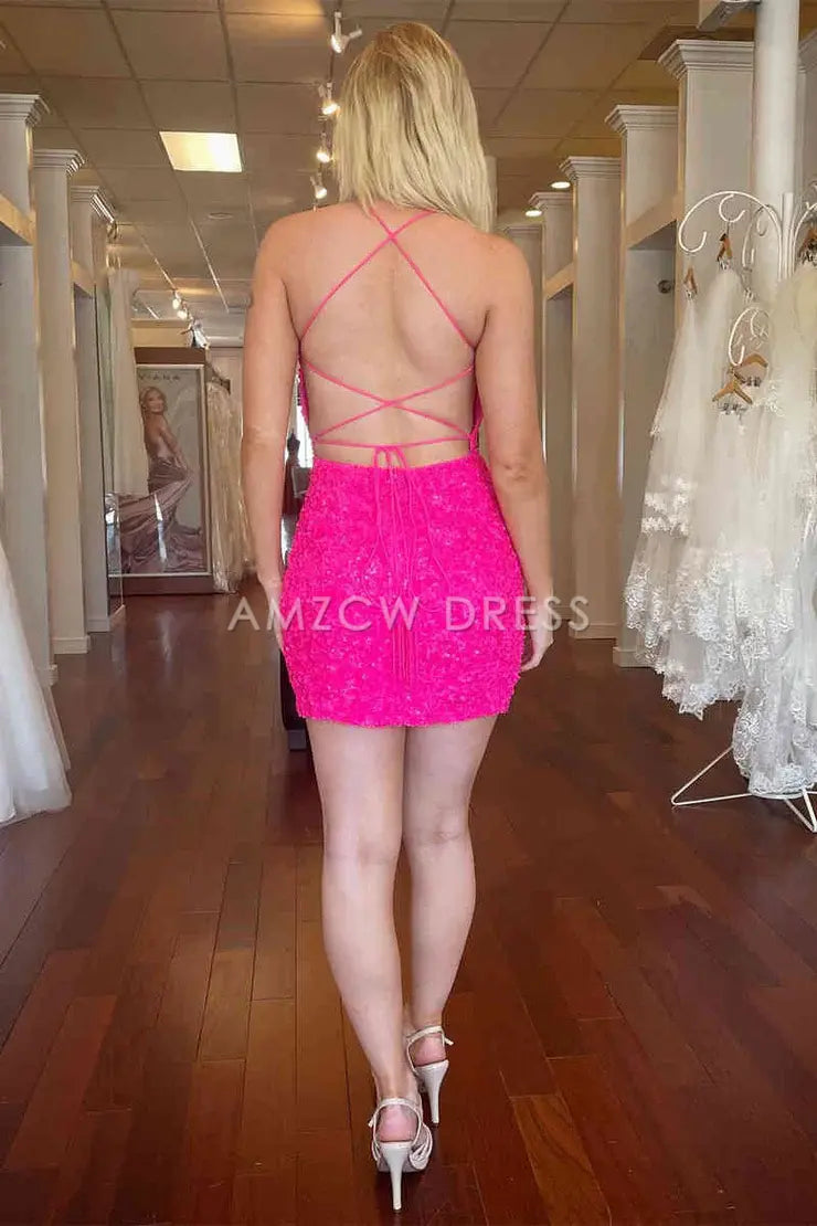 Amzcw Sparkly Scoop Neck Hot Pink Short Hoco Dresses with Cross Back formal wear dresses
