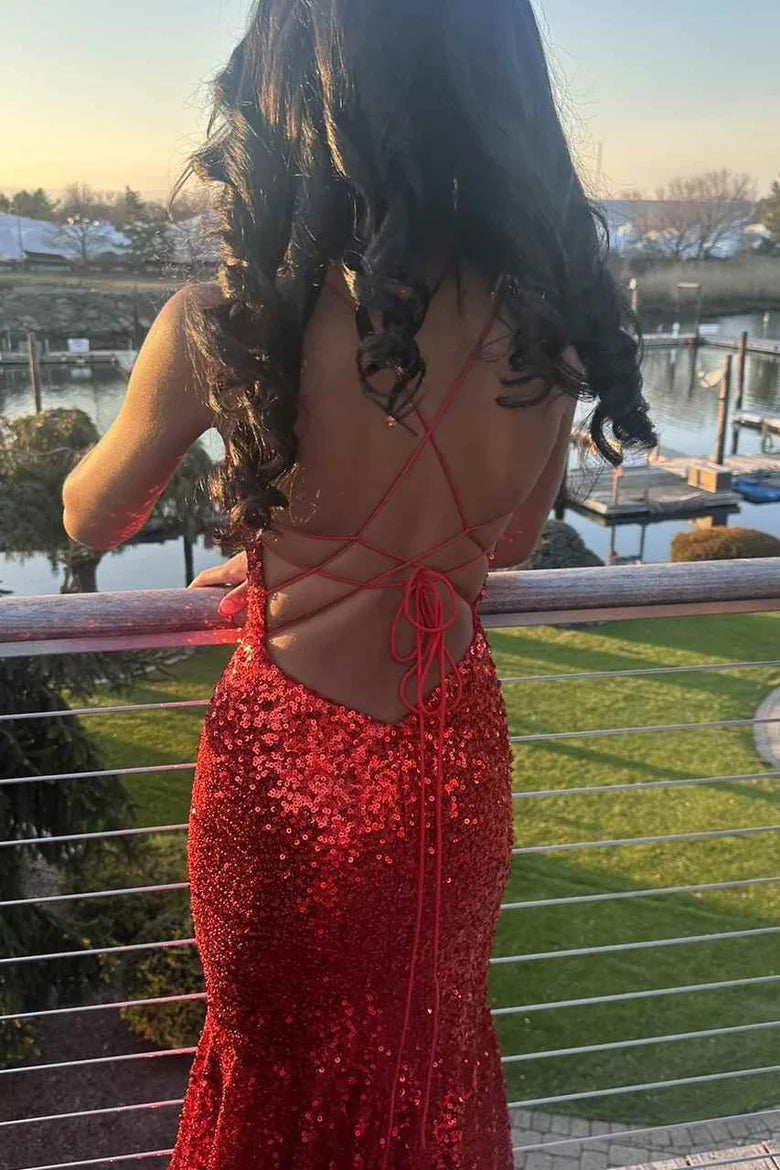 Amzcw Sparkly Sequined Spaghetti Straps V-Neck Mermaid Long Prom Dress formal wear dresses