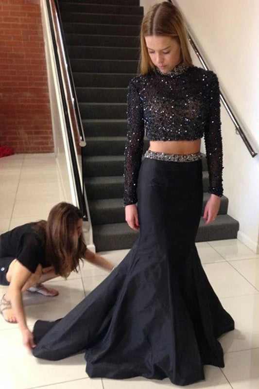 Sparkly Two-Piece Mermaid High-Neck Long-Sleeve Open-Back Floor-Length Prom Gown