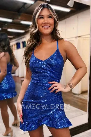 Amzcw Elegant Sparkly V-Neck Spaghetti Straps Empire Homecoming Dress formal wear dresses