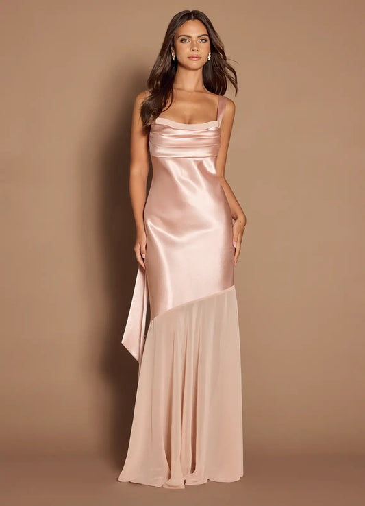 Square Neck Cowl Bodice Tie Back Satin Chiffon Asymmetric Blush Pink Maxi Dress