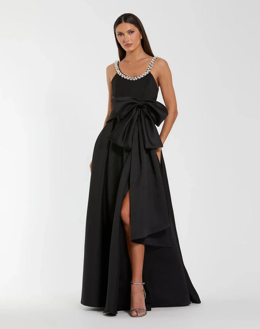 Square Neck Crystal Embellished Bow Front High Slit Black Satin A Line Maxi Dress